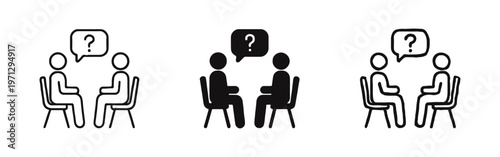Two People Discussing with Question Mark Speech Bubble Icon Set, Representing Communication and Inquiry. Problem Solving.