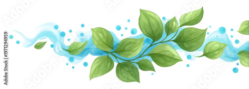 Illustration von lebendigen grünen Blättern, die in einer sanften blauen Wasserwelle schweben, perfekt für Nachhaltigkeit und Frische.
