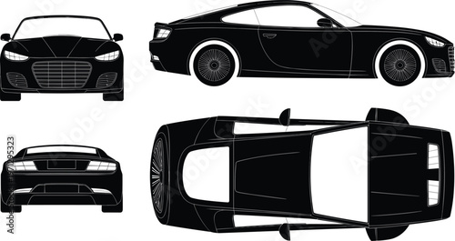 Black Silhouette Sports Car In Multiple Views Front Rear Side Top And Perspective Keywords: car, sports, coupe, vehicle, automobile, black