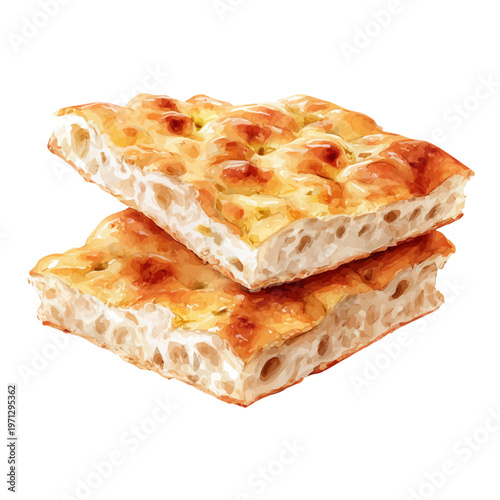 Watercolor Focaccia vector, artistic painting style, high-resolution illustration on a pure white background.