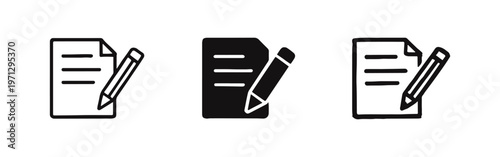 Document with Pencil Icon Set, Representing Writing, Editing, and Content Creation. Note Taking and Contract.