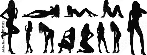 Collection Of Female Silhouettes In Fashionable Poses And High Heels women