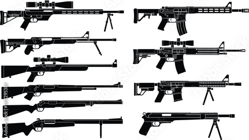 Collection of Black Silhouettes of Various Firearms and Rifles Keywords: rifle, gun, weapon, firearm, shotgun, pistol, sniper rifle