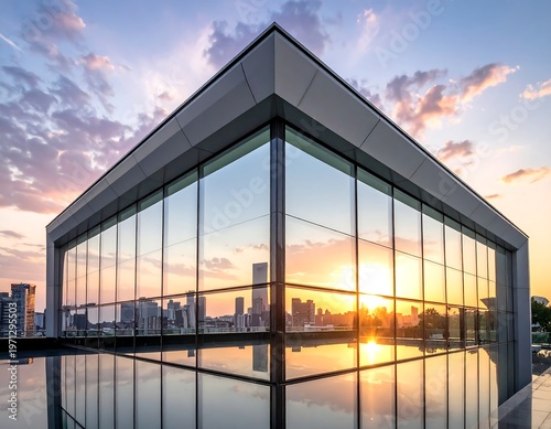 A modern, glass-walled structure reflects a vibrant sunset and cityscape. Clean lines and reflections create a dynamic scene. Perspective highlights the building's geometry