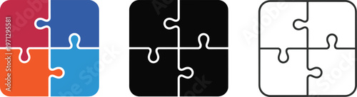 Four puzzle pieces forming a square in red blue orange and black interlocking