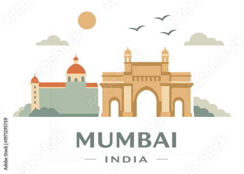 Mumbai India Landmark Illustration with Gateway of India in Minimal Flat Style
