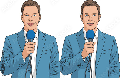 Male presenter holding microphone set with professional speaker portraits, business communication concept flat vector illustration