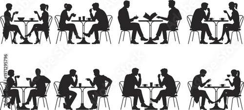 Silhouettes of people sitting at tables in cafes or restaurants, engaged in various activities vector