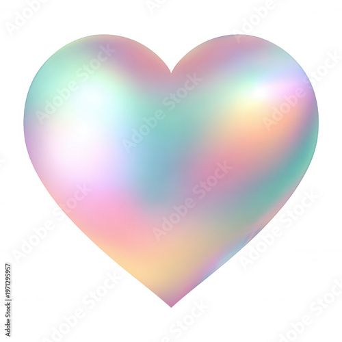 Ein glänzendes, holografisches Herz in schillernden Pastellfarben auf weißem Hintergrund als Symbol für moderne Liebe und Romantik.