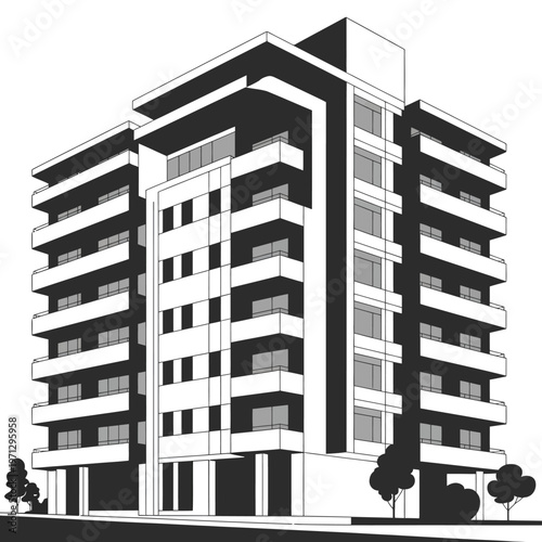 Modern multi-story building with balconies and unique architectural design isolated on white background, Vector, illustration