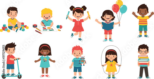 Happy Cartoon Kids Vector Set Featuring Playful Activities, Toys, Balloons, and Creative Fun for Childhood, Learning, and Playtime Designs