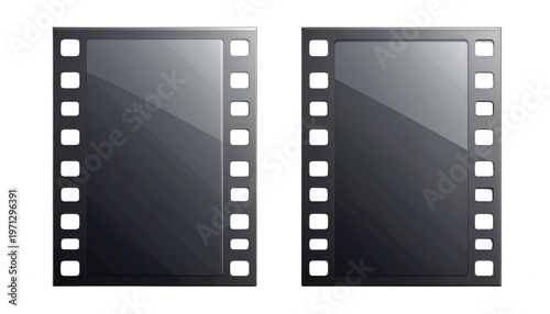 Zwei vertikale Filmstreifen-Rahmen auf weißem Hintergrund mit glänzenden Reflexionen, ideal als Vorlage für Fotografie und Kinoprojekte.