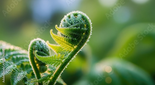 Emerging fern frond a close up of new growth in lush greenery