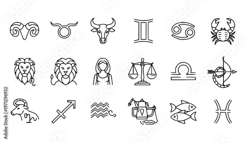 Zodiac sign icon vector set – bundle of 12 astrology symbols