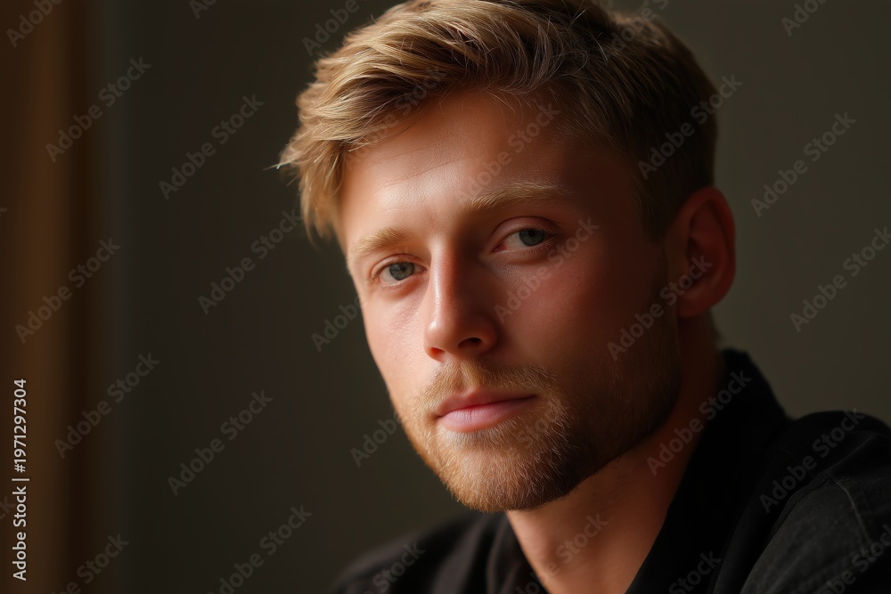 Fototapeta premium Handsome young blonde man with blue eyes and light beard in dark shirt natural light portrait