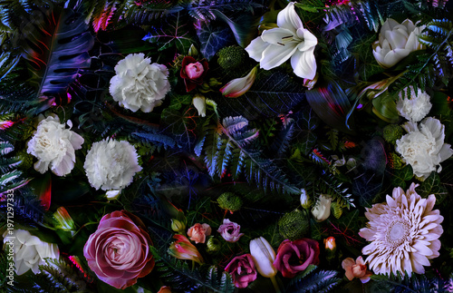Moody cyberpunk floral background with balanced neon magenta and cyan lighting, futuristic botanical flatlay with lilies and roses