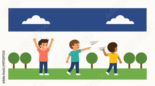 Children Paper Airplane Throwing Competition Outdoor Park Flat Vector
