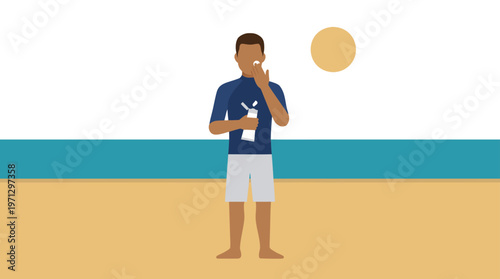 Man Applying Sunscreen on Face Beach Summer Skincare Flat Vector