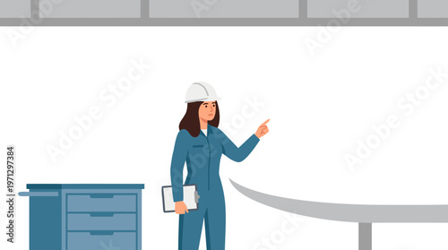 Female Aerospace Engineer Inspecting Airplane Wing in Hangar Flat Vector