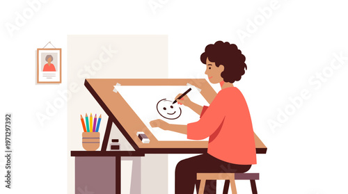 Female Cartoonist Drawing at Art Desk with Tools Flat Vector