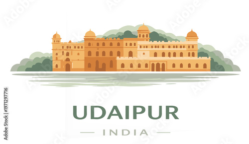 Udaipur India Landmark Illustration with City Palace in Minimal Flat Style