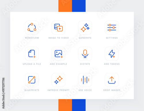 AI technology and neural network workflow icon set. Linear icons for image to video generation, prompt improvement, voice dictation and blueprints for creative UI UX design
