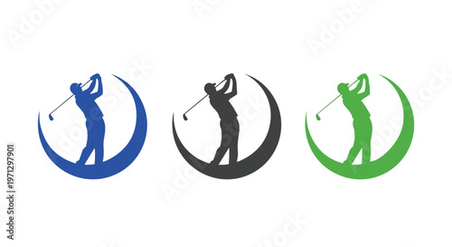 Golfer silhouette swinging club within a crescent moon shape in blue, black, and green color variations