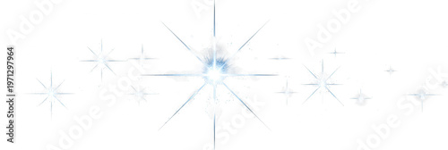 Funkelnde hellblaue Sterne und glitzernde Lichteffekte in horizontaler Anordnung isoliert auf weißem Hintergrund für festliche Designprojekte.