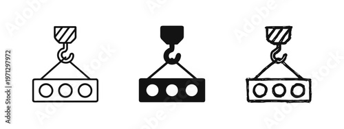 Construction Crane Hook Lifting Load Icon Set in Outline, Solid, and Sketchy Styles
