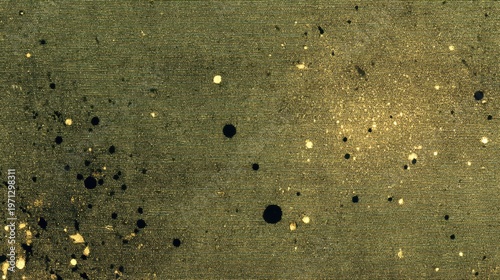 Vintage olive green paper texture with black ink splatters, aged parchment background with grunge spots, antique paper surface for scrapbooking