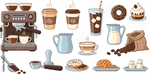 Coffee and Pastry Vector Set Featuring Espresso Machine, Coffee Cups, Donuts, and Sweet Treats for Beverage and Cafe Designs
