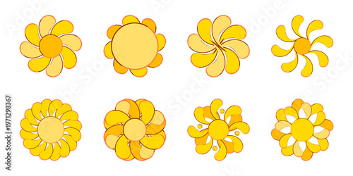 Retro yellow flower and sun mandalas vector set, groovy 70s floral aesthetic elements collection