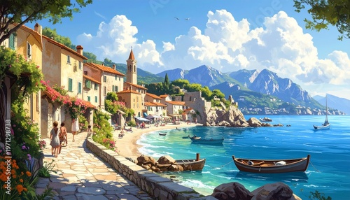 Picturesque Italian Coastal Village Scene with Boats and Mountains.