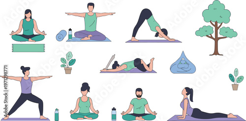 Yoga Practice Vector Set Featuring Poses, Plants, Water, and Nature Elements for Wellness, Fitness, and Meditation Designs