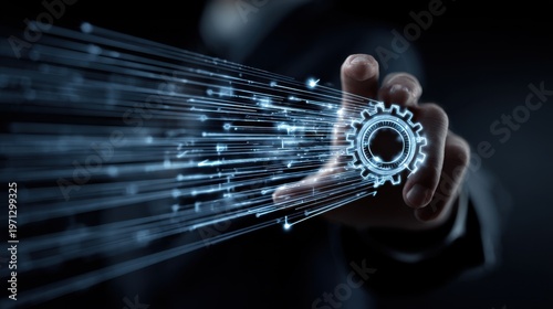 Futuristic digital gear and fiber optic light trails, glowing mechanical cogwheel interface, high speed data transfer and industrial automation concept