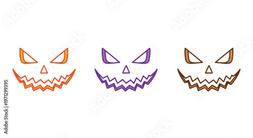 Three spooky carved pumpkin faces in orange, purple, and brown with glowing eyes and jagged smiles for Halloween