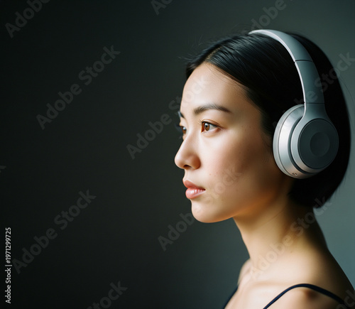 ワイヤレスヘッドホンを着用して横を向く若い女性のポートレート ダーク背景