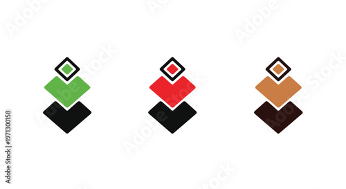 Three abstract geometric shapes stacked vertically in different color combinations on a white background