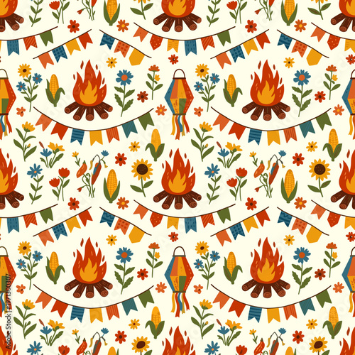 Festa Junina illustration with bonfires, pennants, and flowers