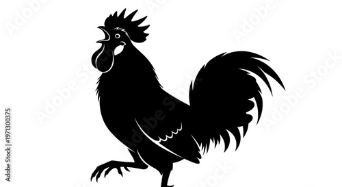 Black Rooster Silhouette Side View Portrait.