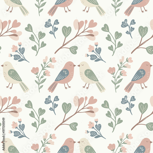 Romantic pattern with two birds and floral elements