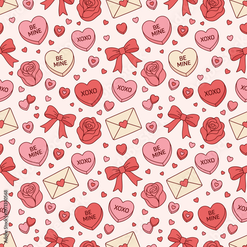 Valentine's Day seamless pattern with hearts, roses, and bows