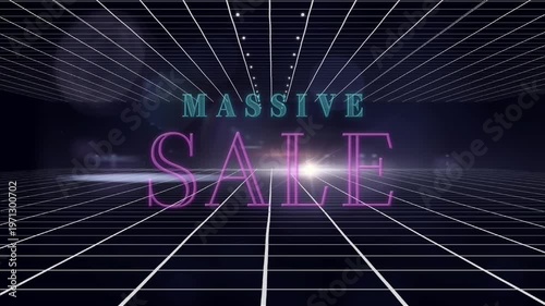 Animation of massive sale over grid on dark background