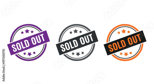 Collection of three circular rubber stamps with the text SOLD OUT in purple, gray, and orange colors