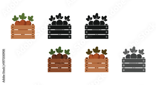 Collection of wooden crates filled with fresh carrots and green tops, presented in various styles including color