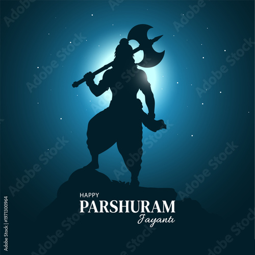 Parshuram Jayanti, Lord Parshuram, Parashurama, Hindu Deity, Lord Vishnu Avatar, Warrior Silhouette, Axe Weapon, Parashu, Moonlight, Night Sky, Starry Background, Full Moon, Blue Gradient, Cinematic, 