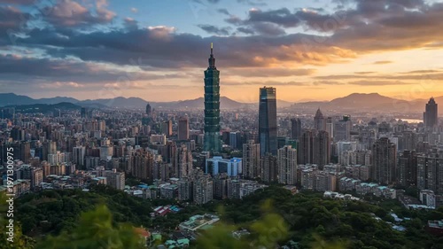 Taipei cityscape at sunset.