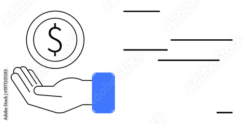 Finance, business, economy, money transfer, payment systems, transactions. Hand holding dollar coin with lines motion. Finance and money transfer concept