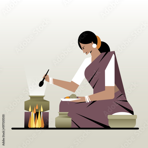 Conceptual illustration of an Indian woman cooking on a traditional stove, representing daily household life, cultural heritage, and home cooking practices