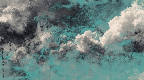 Dramatic cinematic clouds in teal sky, moody storm cloud formations, ethereal atmosphere with dark and white cumulus textures for background